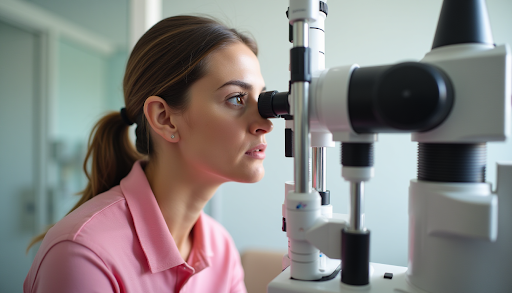 Patient looking into a phoropter machine during a comprehensive vision test at an optometry clinic.