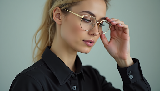 Close-up side profile of a professional woman in a black shirt adjusting her elegant gold wire-frame eyeglasses.