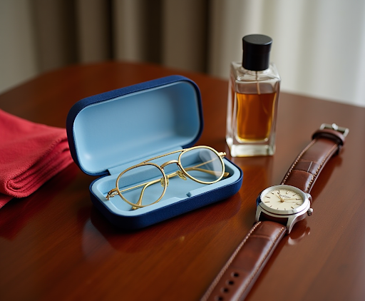 Elegant flat lay featuring gold aviator eyeglasses in a blue case, sitting on a wooden table next to a cologne bottle and a leather watch.