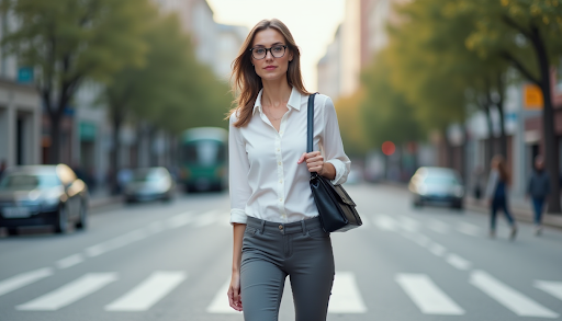Portland Eyewear Guide: How to Choose Glasses That Fit Your Lifestyle 1 A confident woman wearing stylish eyeglasses, a white button-down shirt, and carrying a leather bag while walking down a city street.
