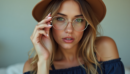 Close-up portrait of a stylish woman wearing a brown hat and adjusting her trendy round gold-rimmed eyeglasses.