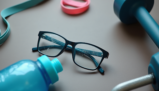 Portland Eyewear Guide: How to Choose Glasses That Fit Your Lifestyle 2 Durable black-framed eyeglasses resting on a gym floor next to a blue water bottle and dumbbells, illustrating sweat-resistant activewear glasses.