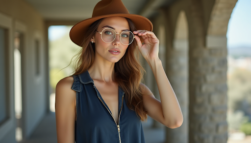 Stylish woman wearing a brown wide-brimmed hat and round gold metal eyeglasses posing in an outdoor archway.